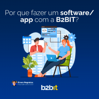 imagem com fundo azul com dois bonecos conversando representando o porque fazer um software ou aplicativo com a B2BIT
