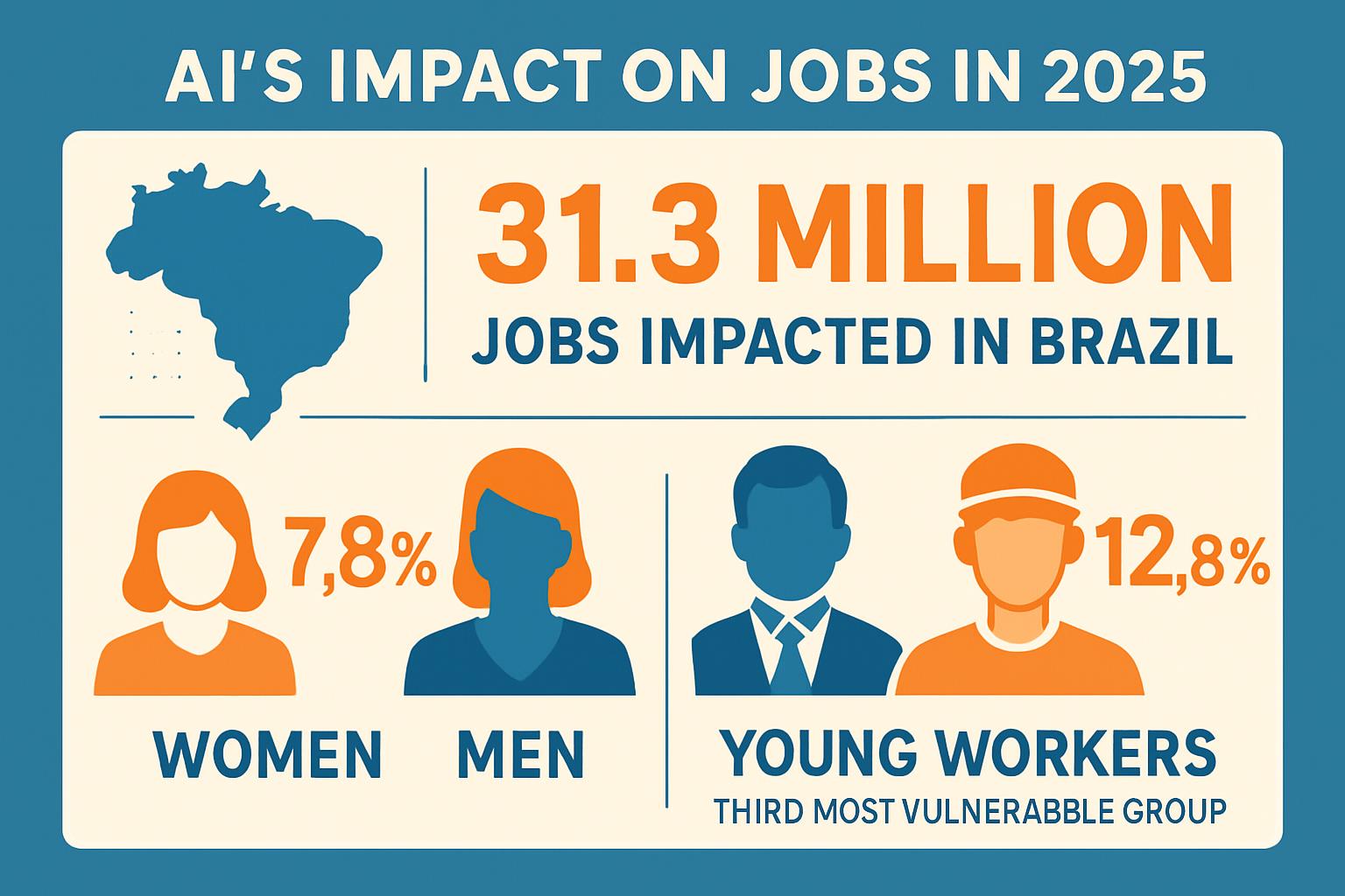 O impacto desigual da IA no mercado de trabalho brasileiro: 31,3 milhões de empregos afetados, com mulheres e jovens entre os grupos mais vulneráveis.