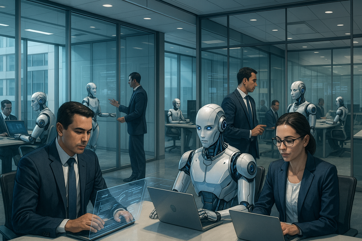 Agentes de IA trabalhando em colaboração com funcionários humanos em ambiente corporativo brasileiro moderno