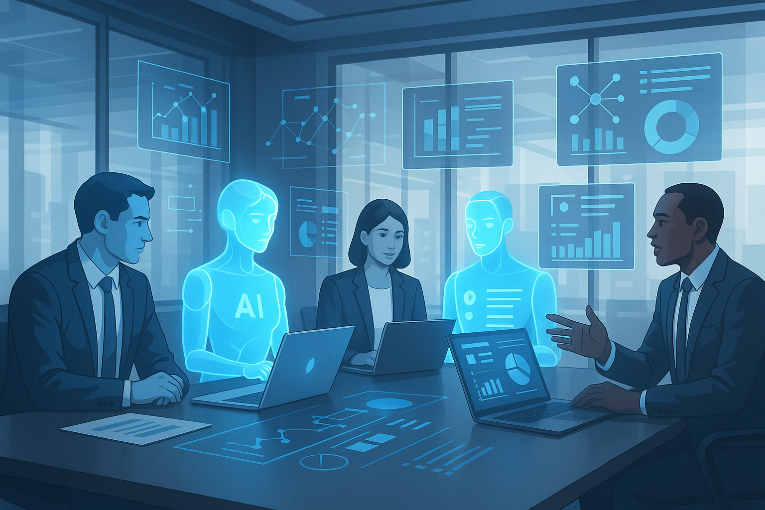 Ambiente corporativo moderno mostrando agentes de IA holográficos colaborando com profissionais humanos em mesa de conferência com visualizações de dados inteligentes