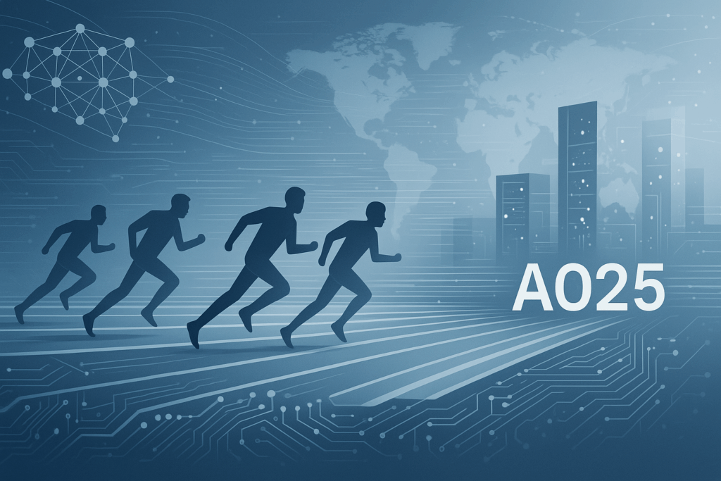 Ilustração profissional representando a corrida da inteligência artificial em 2025, com silhuetas de pessoas correndo em direção ao futuro tecnológico, redes neurais e infraestrutura digital em tons de azul