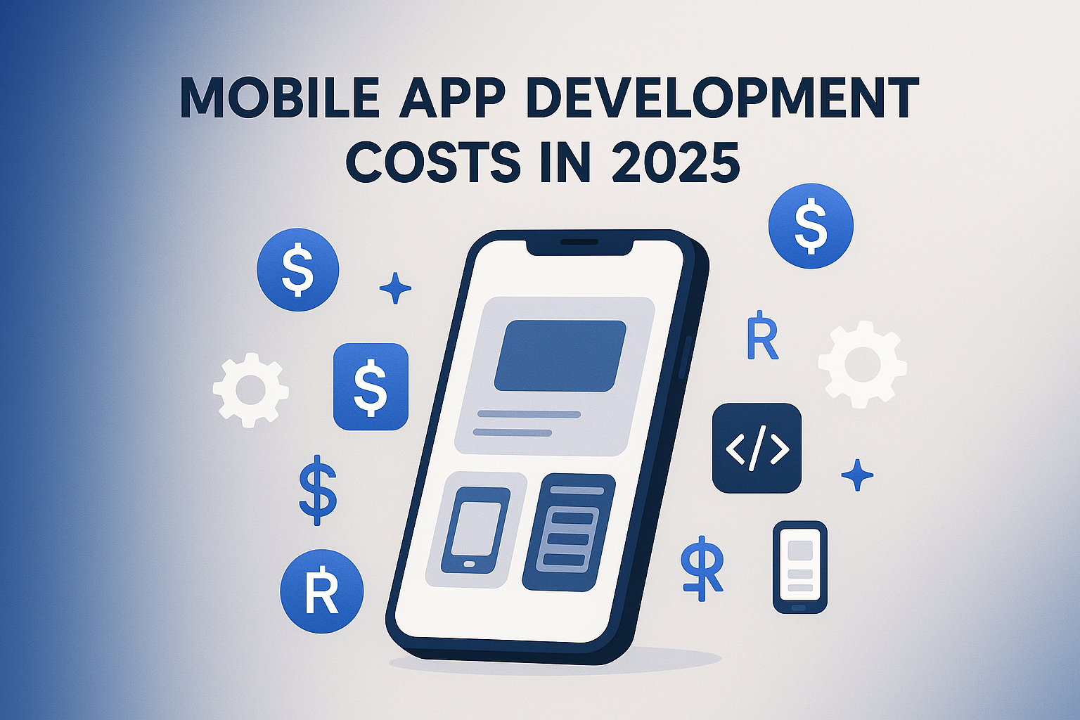 Custos de desenvolvimento de aplicativos móveis em 2025 - smartphone com símbolos de dólar e ícones de desenvolvimento