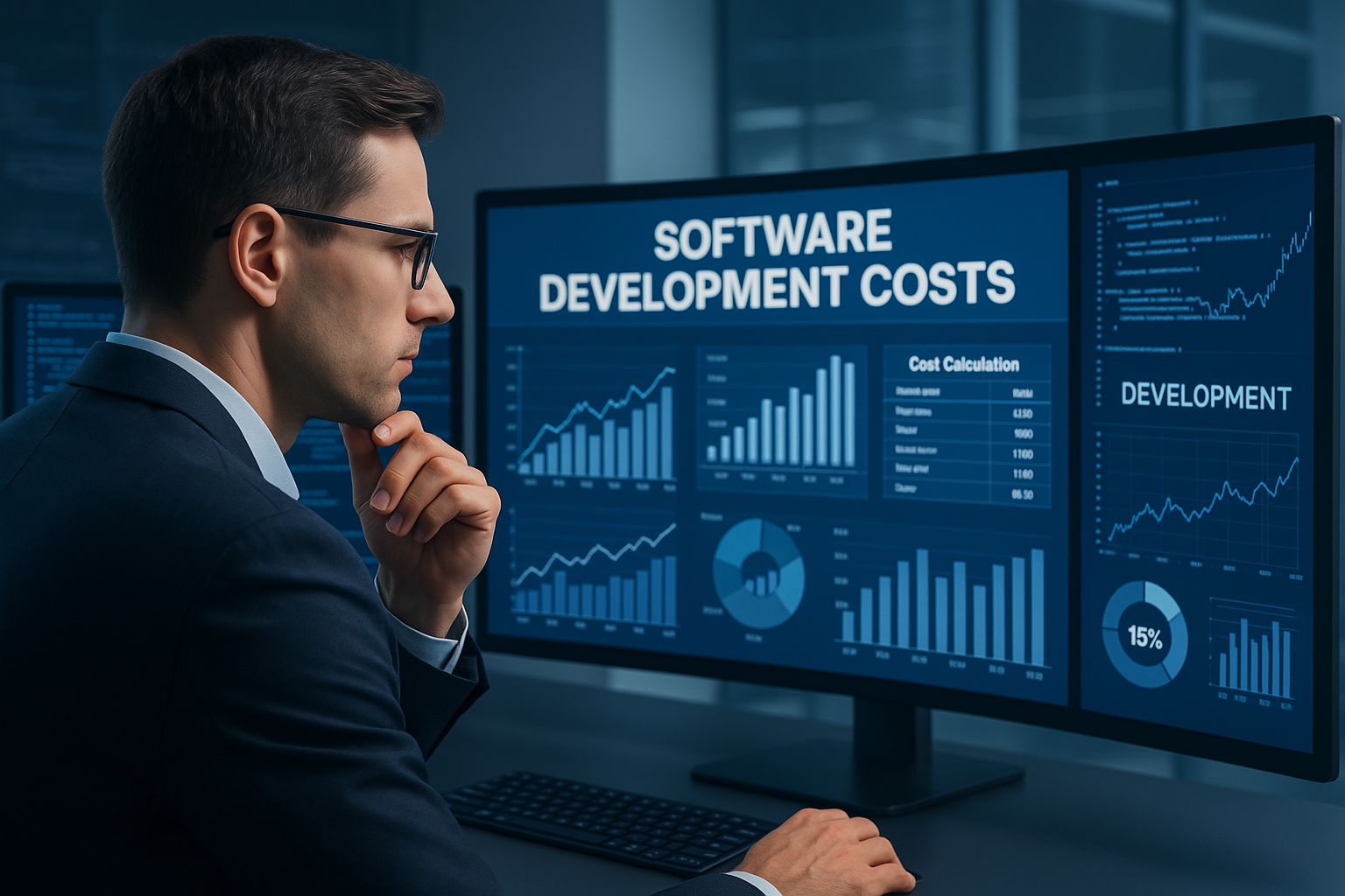 Empresário analisando custos de desenvolvimento de software em múltiplas telas com gráficos financeiros e métricas de desenvolvimento