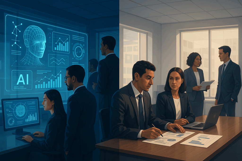 Ilustração profissional mostrando o paradoxo da preparação para IA nas empresas brasileiras, com ambiente corporativo moderno dividido entre expectativa futurística e realidade tradicional