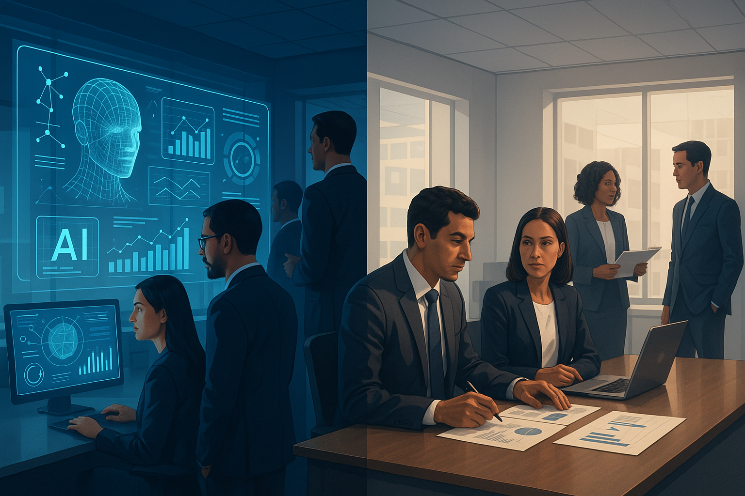Ilustração profissional mostrando o paradoxo da preparação para IA nas empresas brasileiras, com ambiente corporativo moderno dividido entre expectativa futurística e realidade tradicional