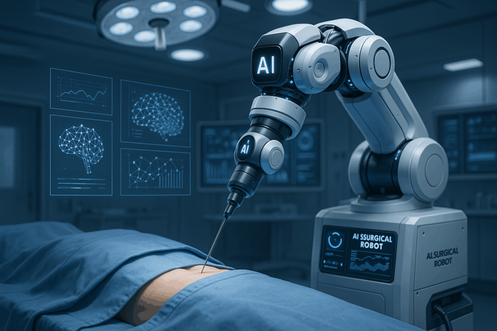 Robô cirúrgico autônomo com inteligência artificial realizando cirurgia em centro cirúrgico futurista com displays holográficos mostrando processos de tomada de decisão da IA