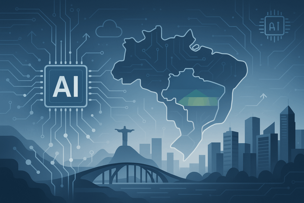 Brasil na encruzilhada da inteligência artificial - ilustração mostrando mapa do Brasil com elementos tecnológicos, redes neurais de IA e símbolos de inovação