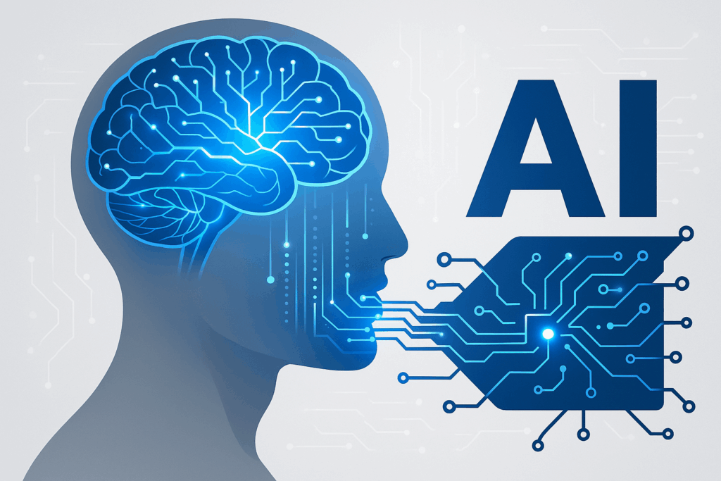 Ilustração profissional mostrando inteligência artificial lendo mentes humanas com cérebro digital e redes neurais
