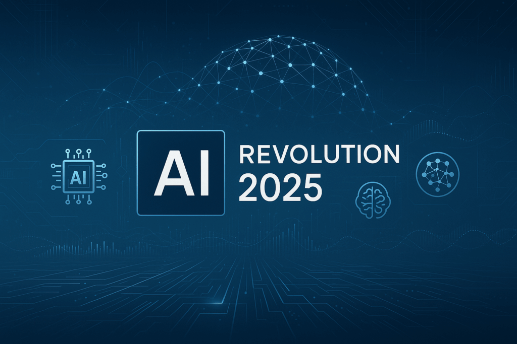 Ilustração profissional mostrando a revolução da inteligência artificial em 2025, com redes neurais interconectadas, fluxos de dados e símbolos de IA em tons de azul, cinza e branco