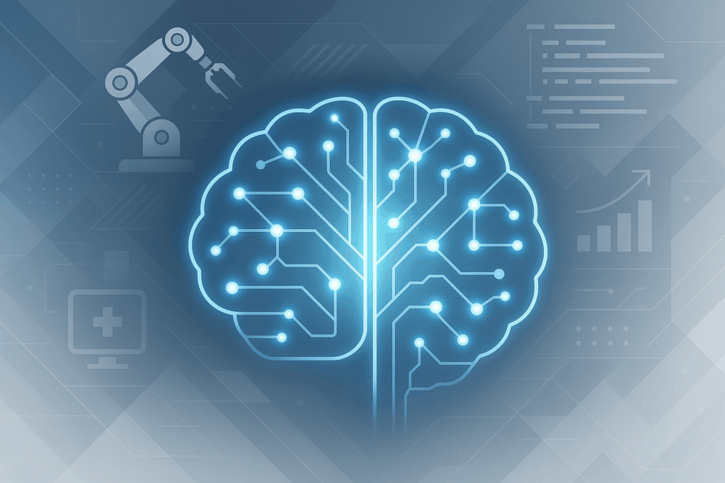Ilustração profissional representando a revolução silenciosa da IA em 2025, com cérebro digital conectado por redes neurais em tons de azul e branco, simbolizando avanços em robótica médica, codificação e transformação digital