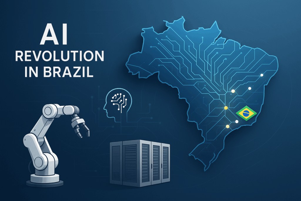 Ilustração da revolução da IA no Brasil mostrando mapa brasileiro com redes neurais digitais, robô médico e supercomputadores