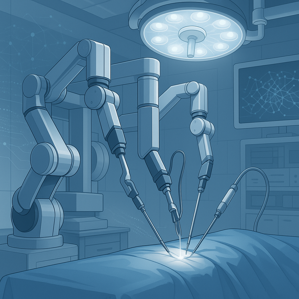 Ilustração de sala de cirurgia moderna com robô cirúrgico avançado realizando procedimento de precisão, ambiente estéril em tons de azul e branco, representando inovação em saúde