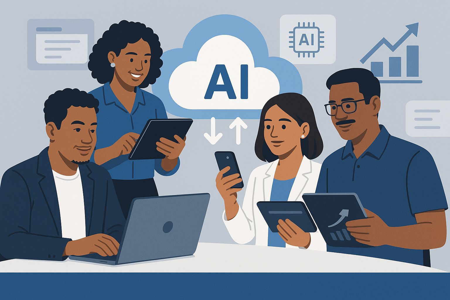 Grupo diverso de empreendedores brasileiros acessando ferramentas de IA através de diferentes dispositivos