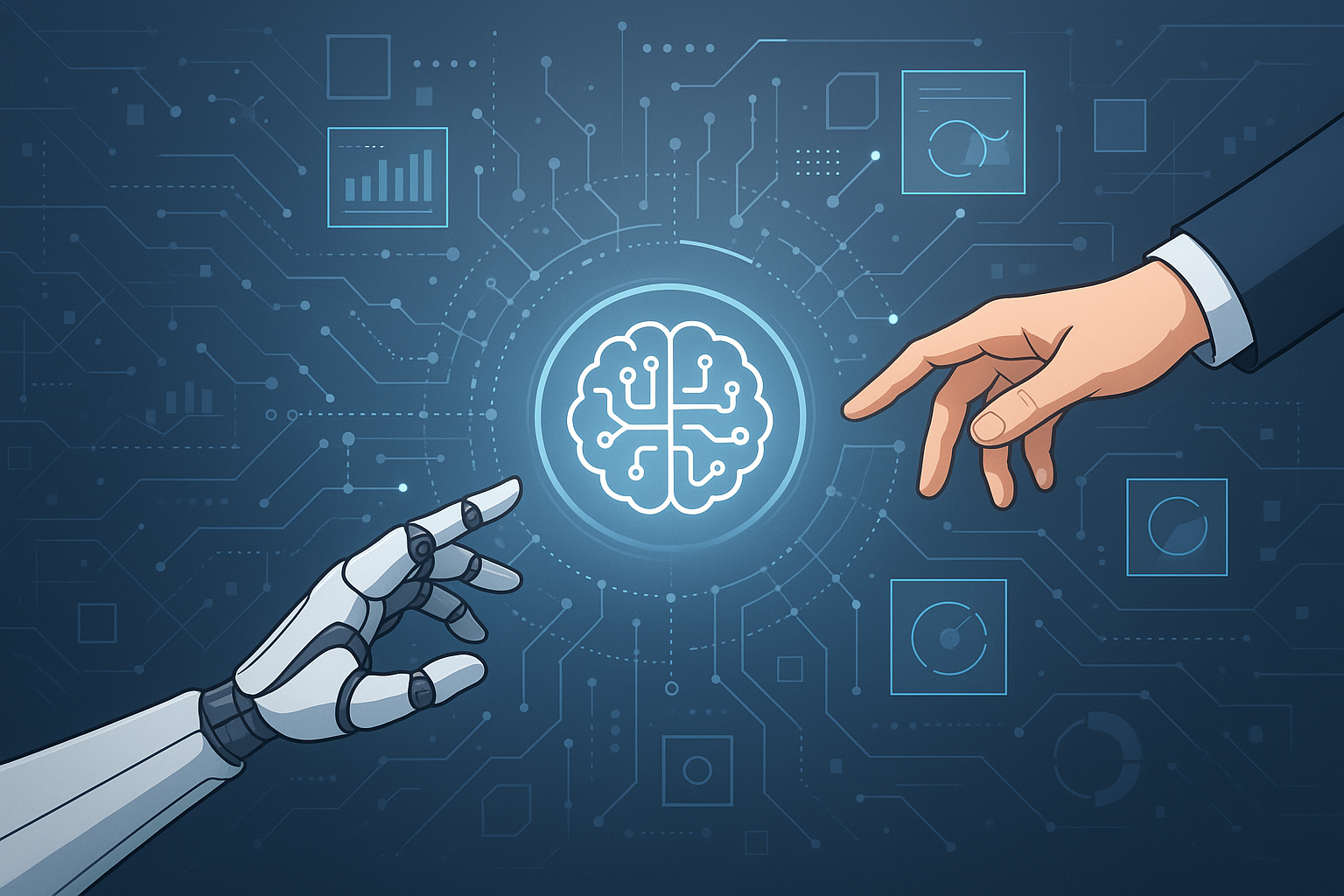 Conceito futurista mostrando colaboração entre humanos e IA com mãos robóticas e humanas se conectando através de interfaces digitais