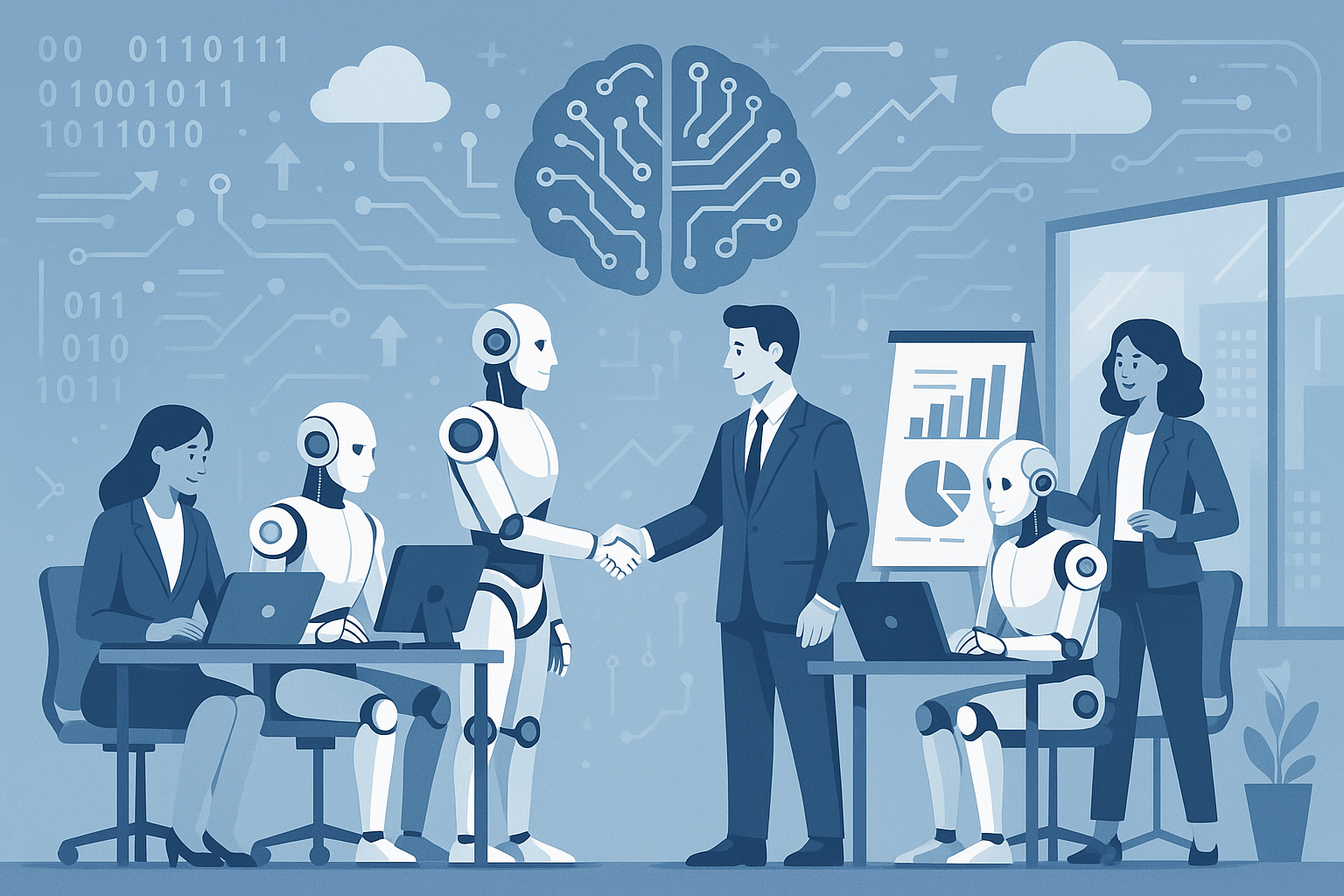 Ilustração do futuro do trabalho mostrando humanos e robôs trabalhando juntos em harmonia