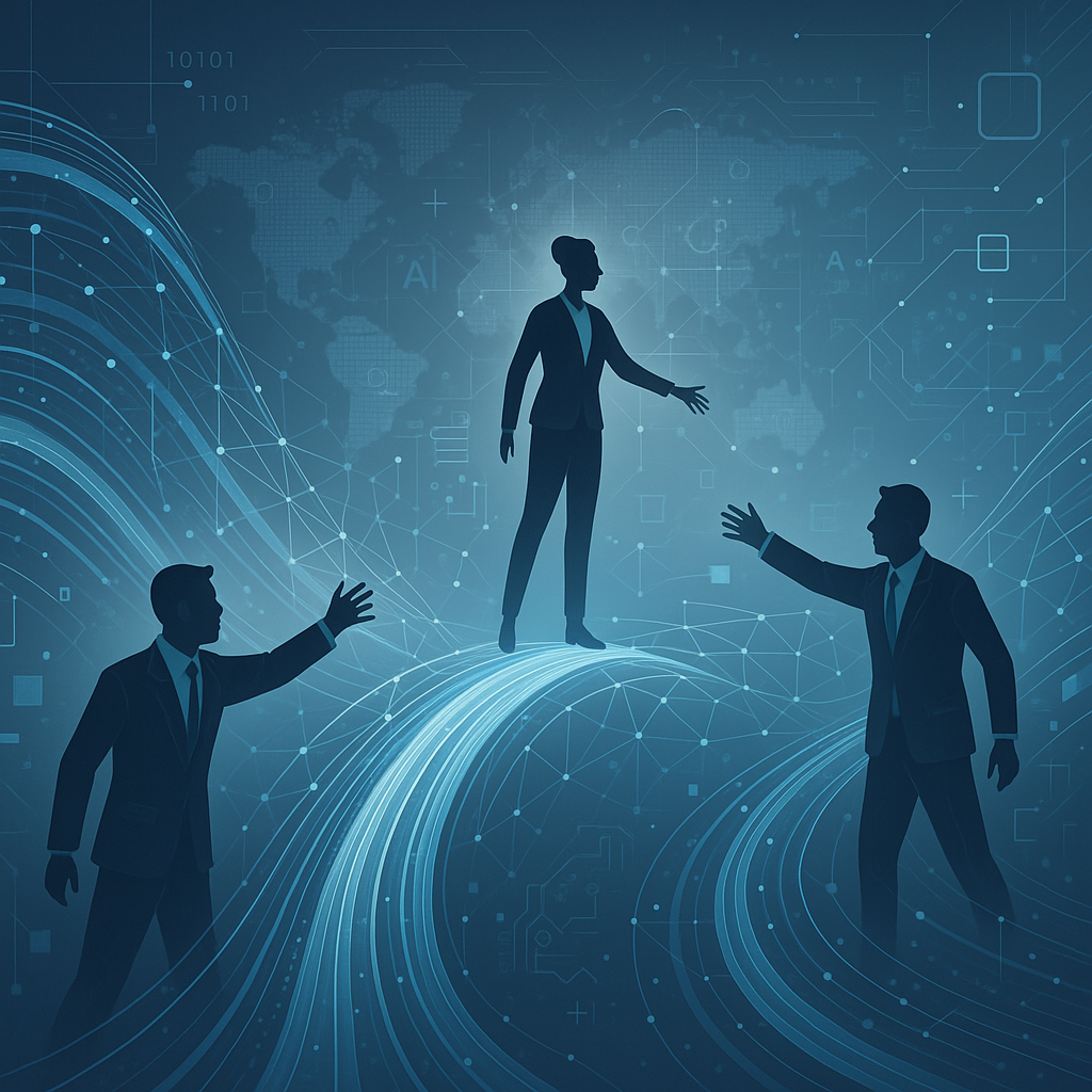 Ilustração conceitual da guerra global por talentos em IA, mostrando silhuetas de profissionais sendo disputados por empresas tech, com elementos de rede e código em tons azuis