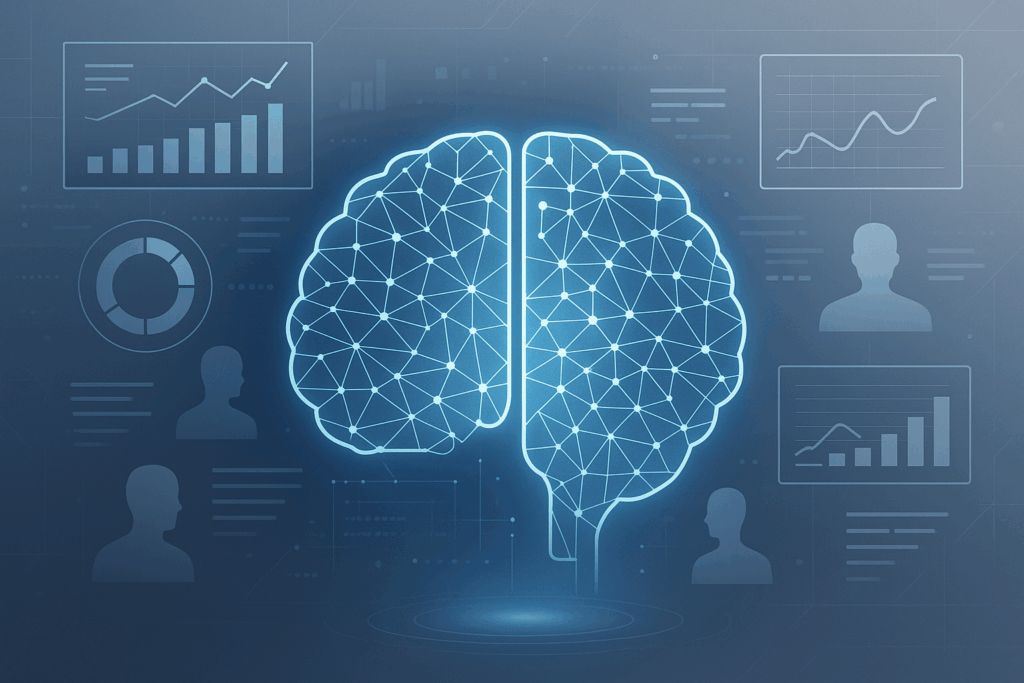 Ilustração profissional mostrando inteligência artificial prevendo comportamento humano com cérebro neural azul e visualizações de dados holográficas
