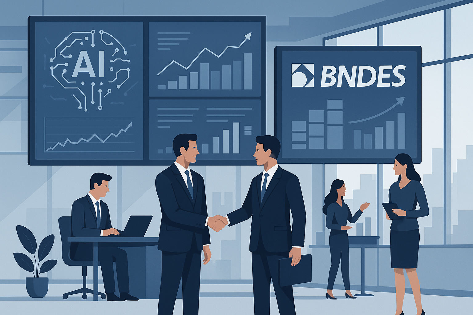 Ambiente corporativo moderno com profissionais discutindo investimentos em IA, telas mostrando gráficos financeiros e logo do BNDES