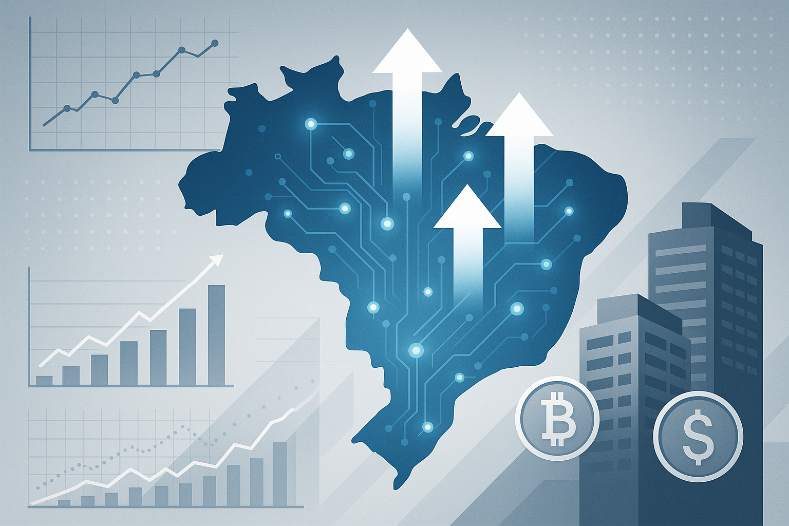 Ilustração de negócios mostrando investimentos em IA no Brasil com mapa do país, gráficos de crescimento e elementos financeiros