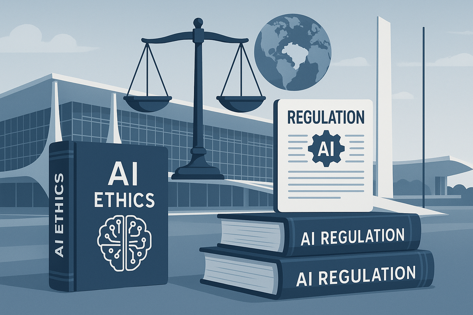 Balança da justiça com elementos de IA, livros de regulamentação e símbolos de ética em inteligência artificial