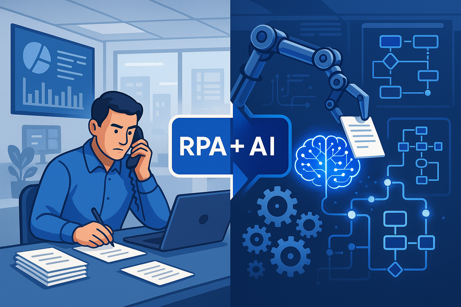 Comparação entre trabalho manual e automação inteligente RPA + IA