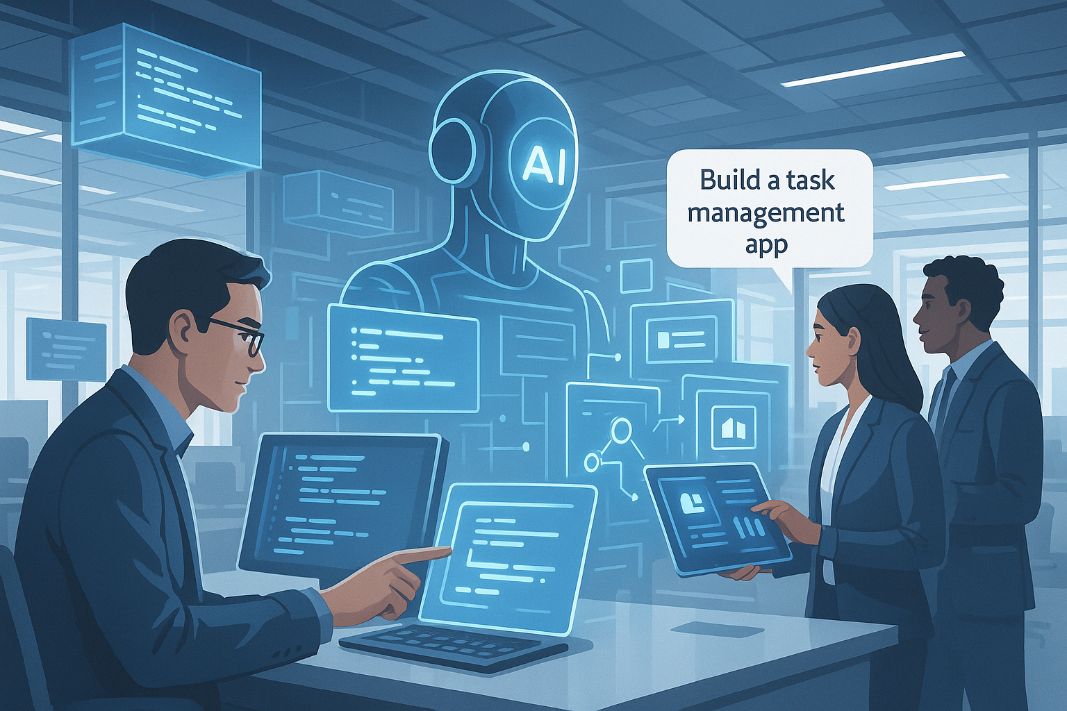Equipe colaborando com interfaces de IA para desenvolvimento de software em ambiente corporativo moderno