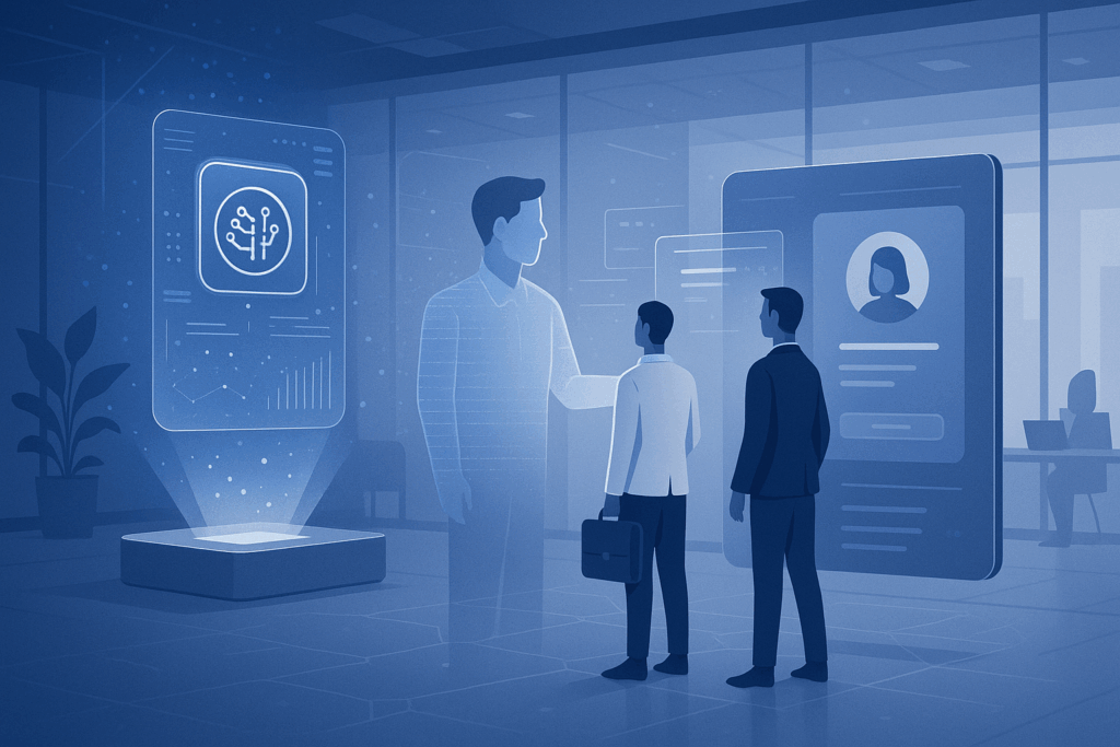 Profissionais em ambiente corporativo moderno interagindo com interfaces holográficas de IA para onboarding digital