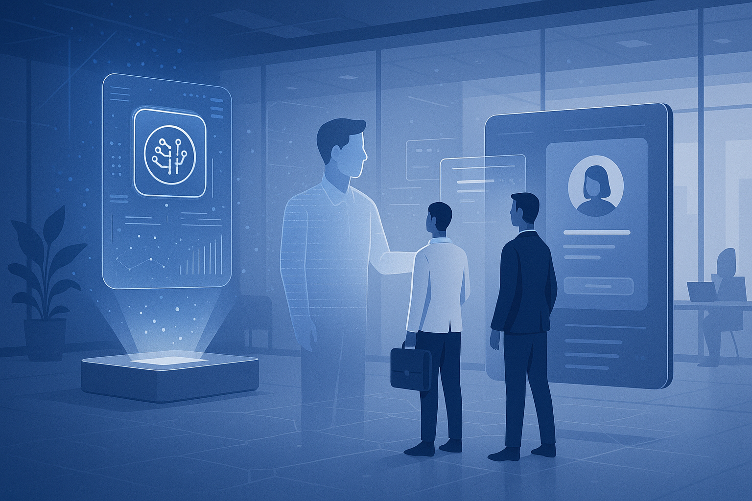 Profissionais em ambiente corporativo moderno interagindo com interfaces holográficas de IA para onboarding digital
