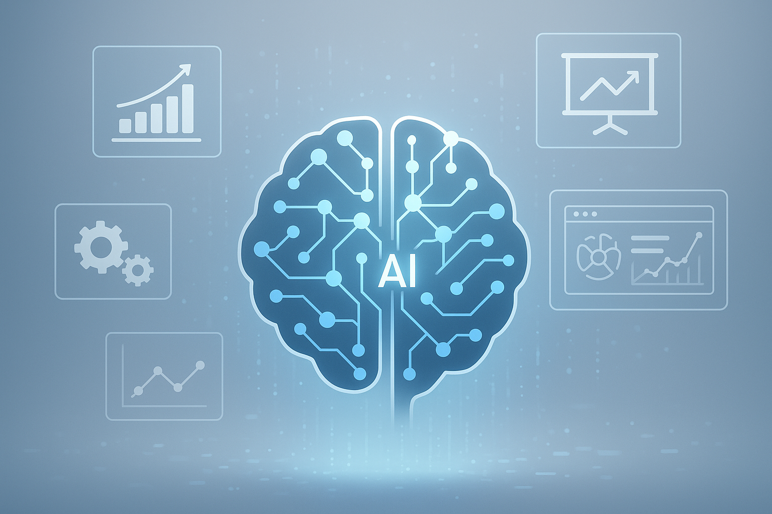 Ilustração profissional mostrando cérebro de inteligência artificial conectado a ícones de negócios em tons de azul e branco