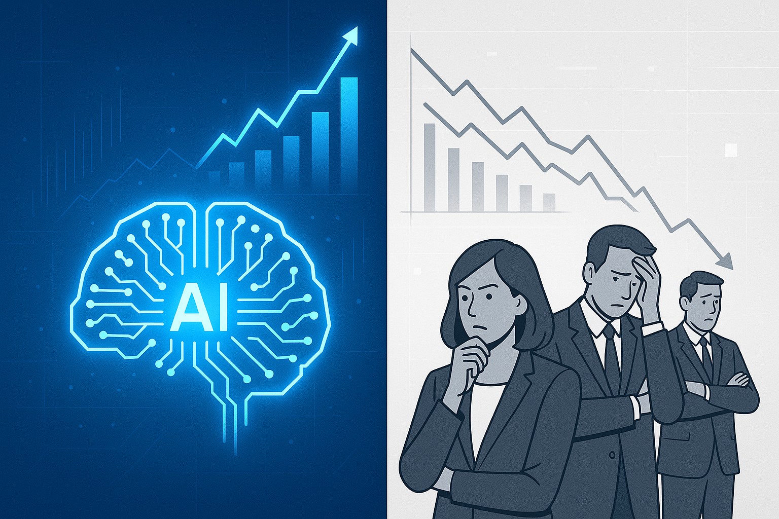 Ilustração profissional mostrando o paradoxo da inteligência artificial empresarial com cérebro digital brilhante e gráficos ascendentes em azul contrastando com executivos preocupados e gráficos descendentes em tons de cinza