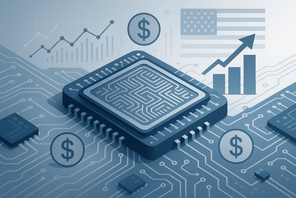 Ilustração profissional mostrando chips semicondutores e investimento governamental americano com elementos financeiros e bandeira dos EUA