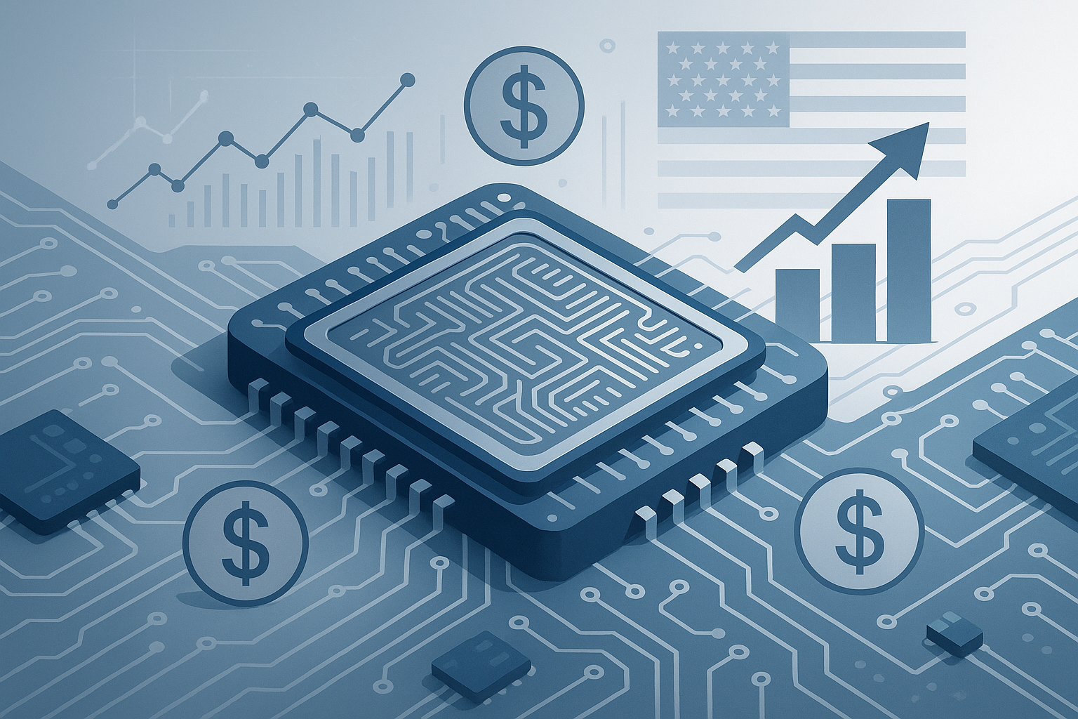 Ilustração profissional mostrando chips semicondutores e investimento governamental americano com elementos financeiros e bandeira dos EUA