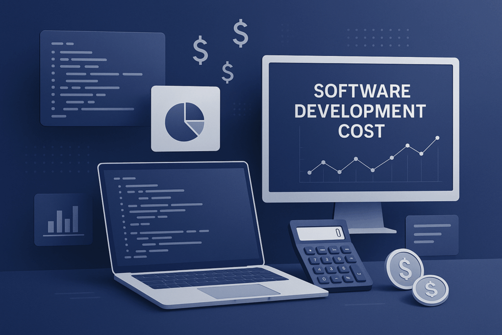 Ilustração profissional mostrando conceito de custos de desenvolvimento de software com telas de computador, gráficos, calculadora e símbolos de dinheiro em tons de azul