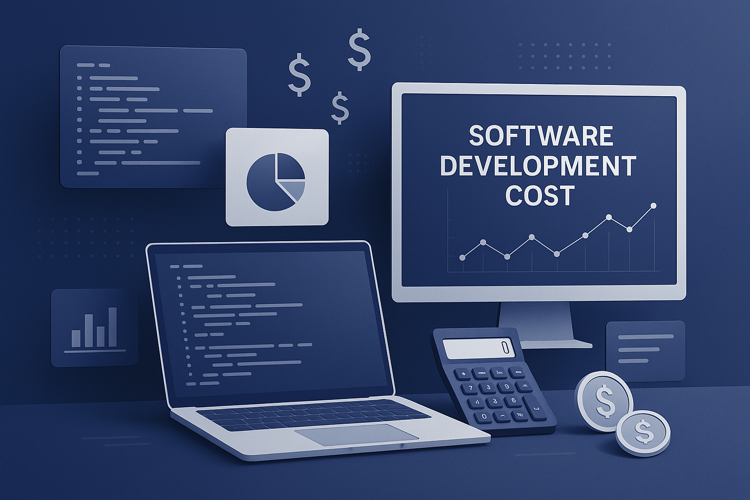 Ilustração profissional mostrando conceito de custos de desenvolvimento de software com telas de computador, gráficos, calculadora e símbolos de dinheiro em tons de azul
