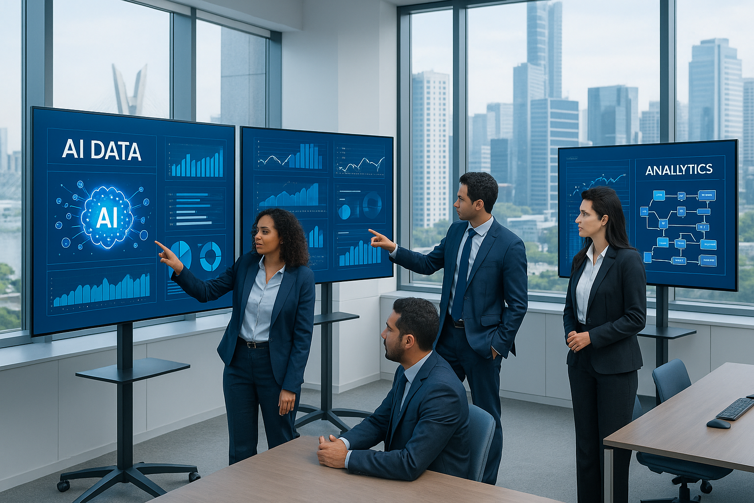 Profissionais brasileiros em ambiente corporativo moderno analisando dados de inteligência artificial em múltiplas telas com skyline de São Paulo ao fundo