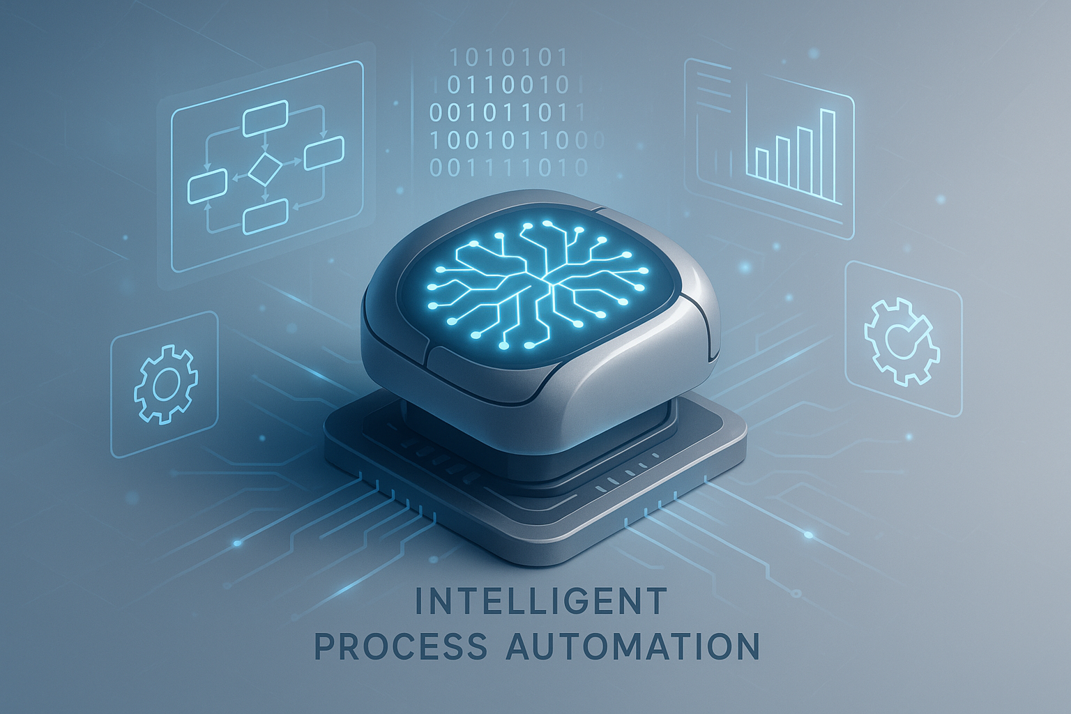 Automação inteligente de processos com IA - conceito futurístico mostrando processador robótico com redes neurais azuis e interfaces holográficas