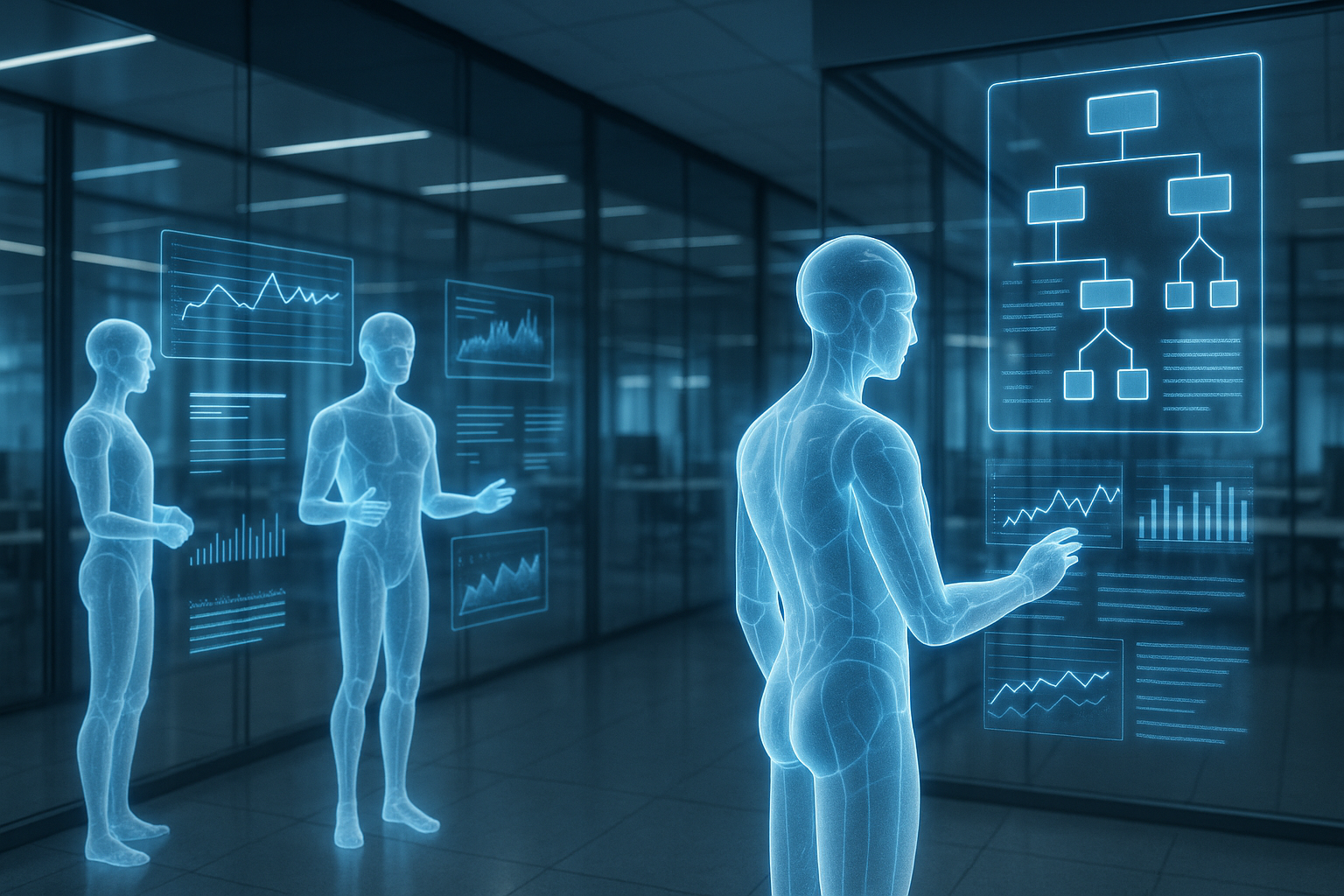 Visualização futurística de agentes de IA autônomos holográficos interagindo com fluxos de dados e árvores de decisão em ambiente empresarial high-tech