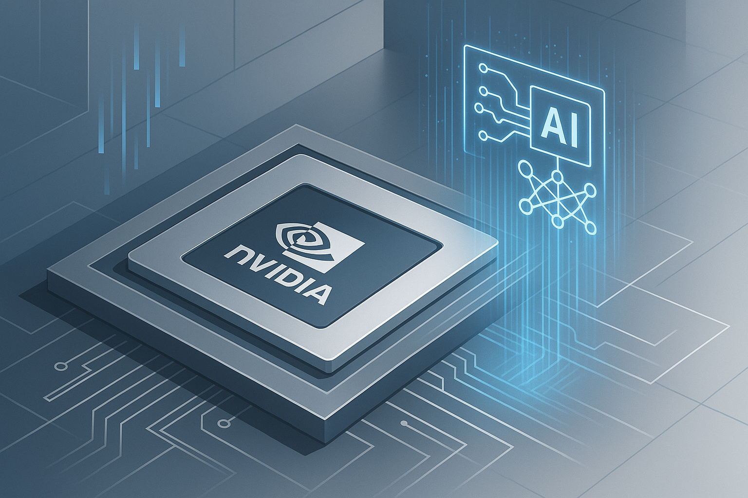 Chip NVIDIA com visualização de rede neural de IA em estilo corporativo profissional com tons de azul e cinza