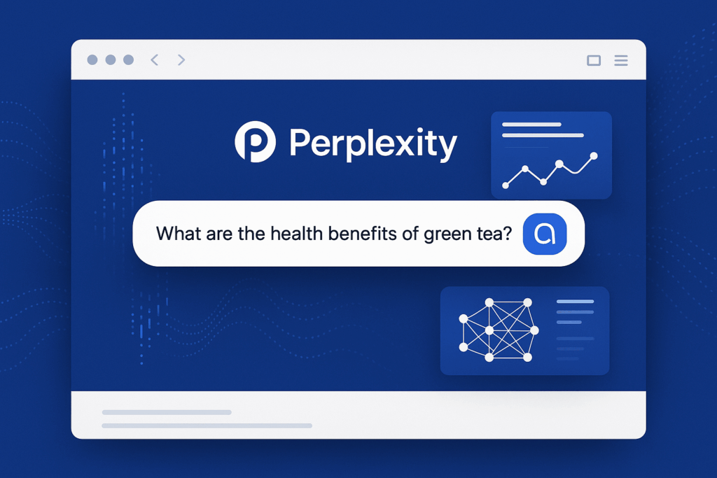 Interface moderna da Perplexity AI mostrando busca inteligente com elementos de IA e design profissional em tons de azul