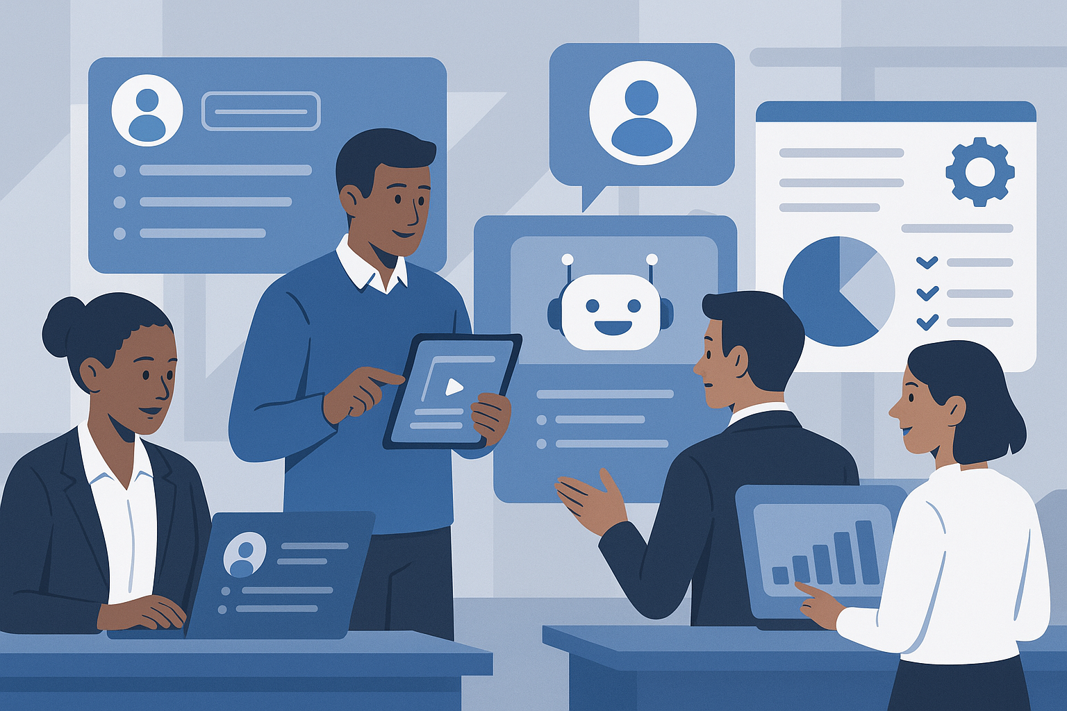 Diversos profissionais utilizando trilhas de aprendizado personalizadas com IA e chatbots durante onboarding