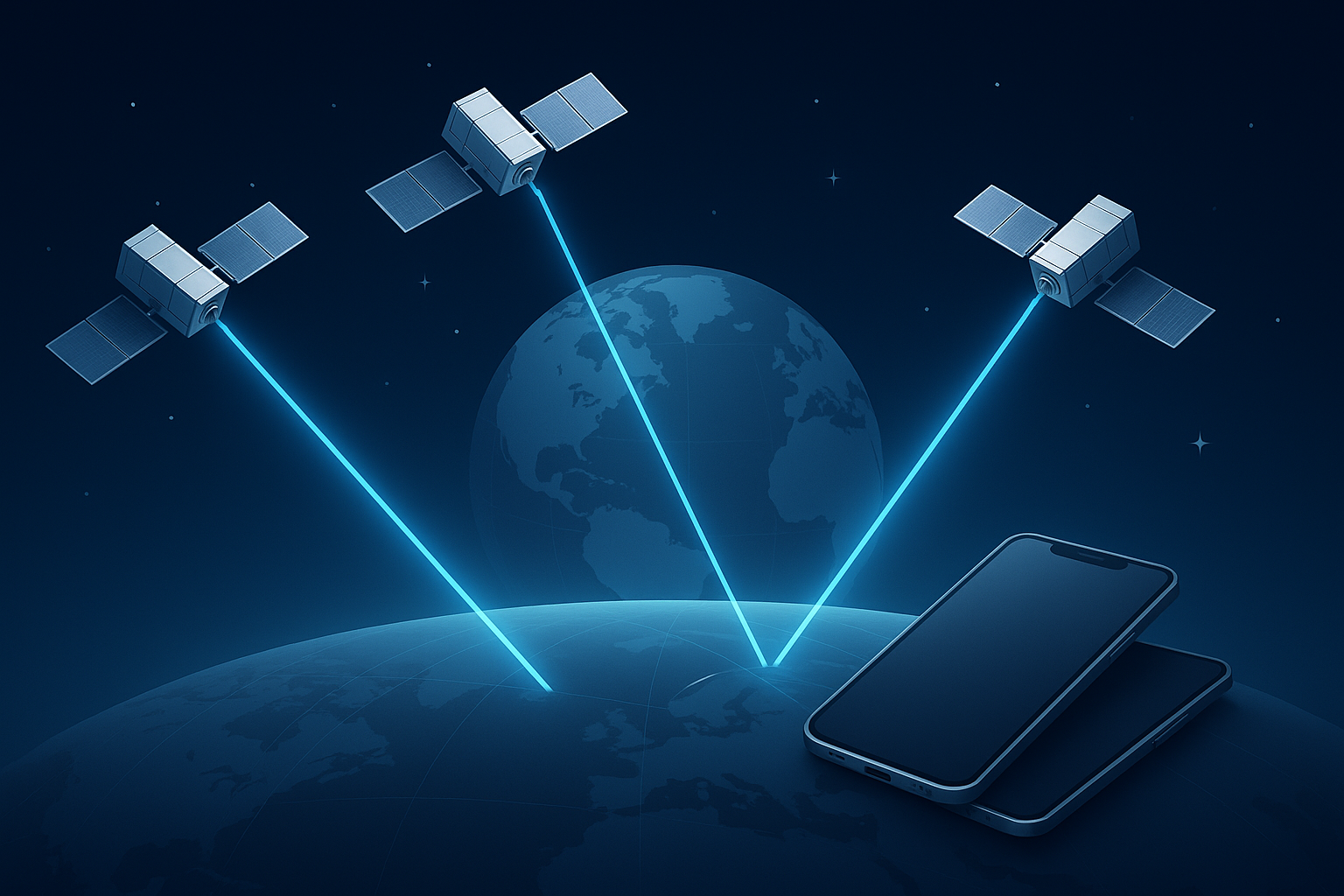 Satélites Starlink conectando smartphones à internet via satélite gratuita com feixes de comunicação azuis