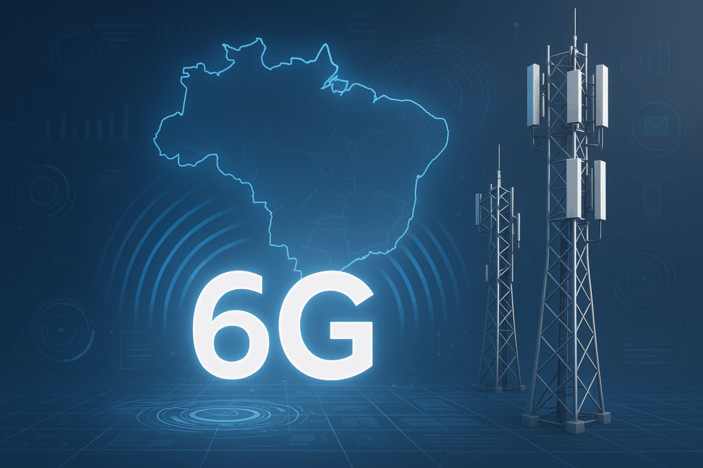 Representação futurística da tecnologia 6G no Brasil com torres de telecomunicações modernas, mapa do Brasil e elementos tecnológicos conectados