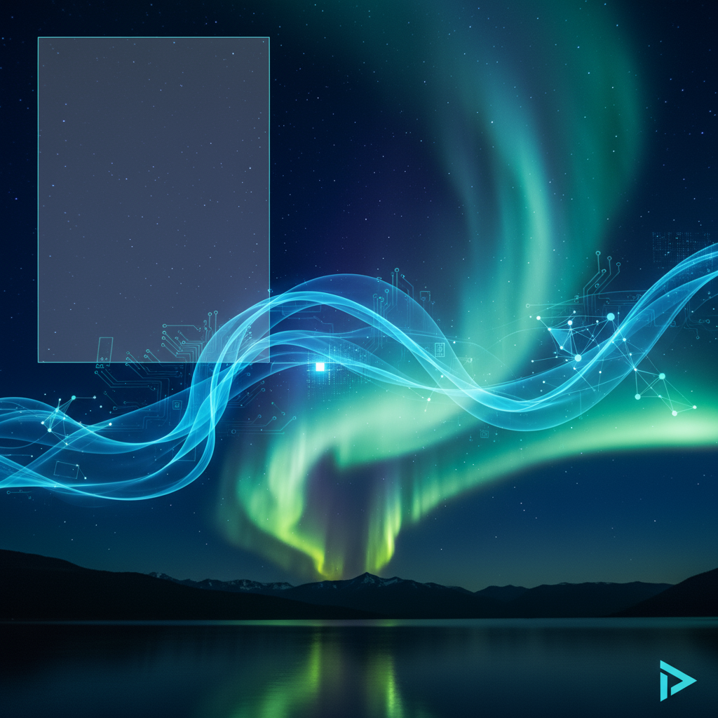 Aurora boreal com elementos tecnológicos digitais, representando a intersecção entre fenômenos naturais e inteligência artificial