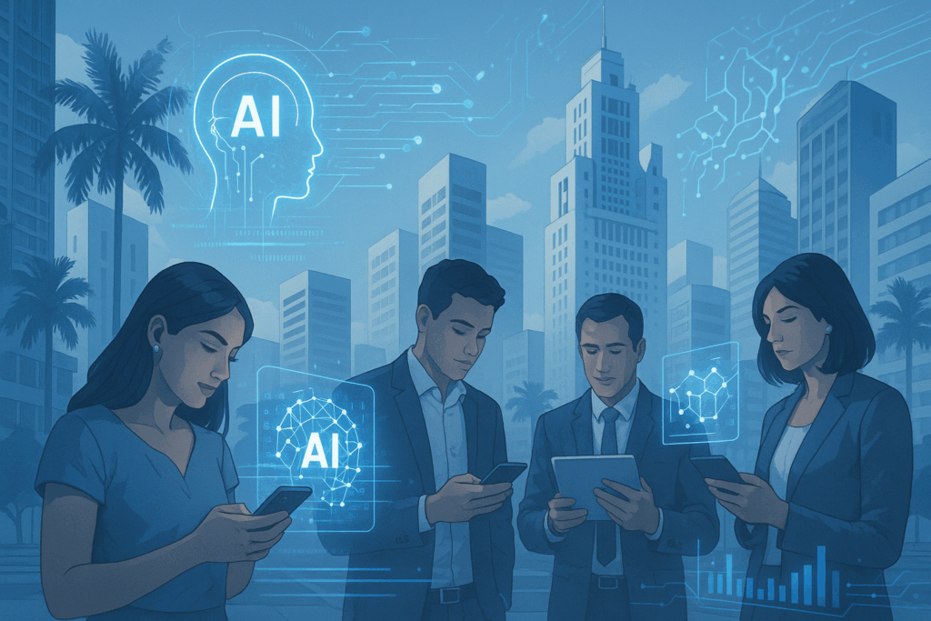 Profissionais brasileiros utilizando tecnologia de inteligência artificial em ambiente urbano moderno