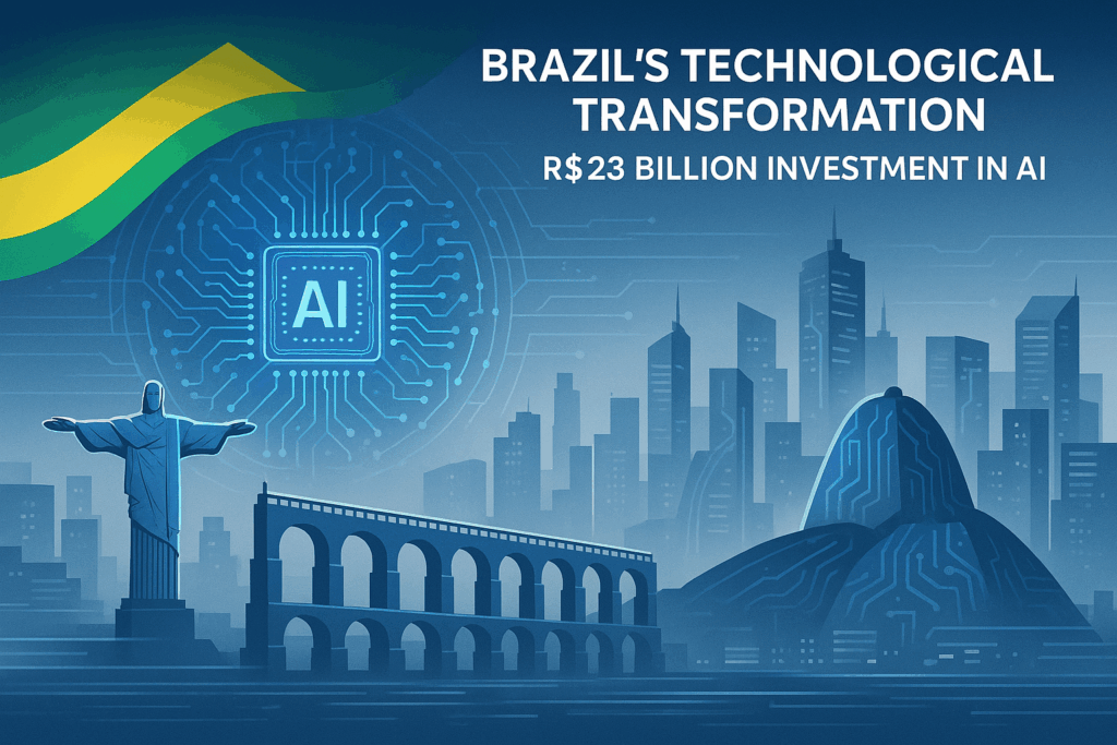 Transformação tecnológica do Brasil com investimento de R$ 23 bilhões em inteligência artificial, mostrando paisagem digital futurista com marcos brasileiros