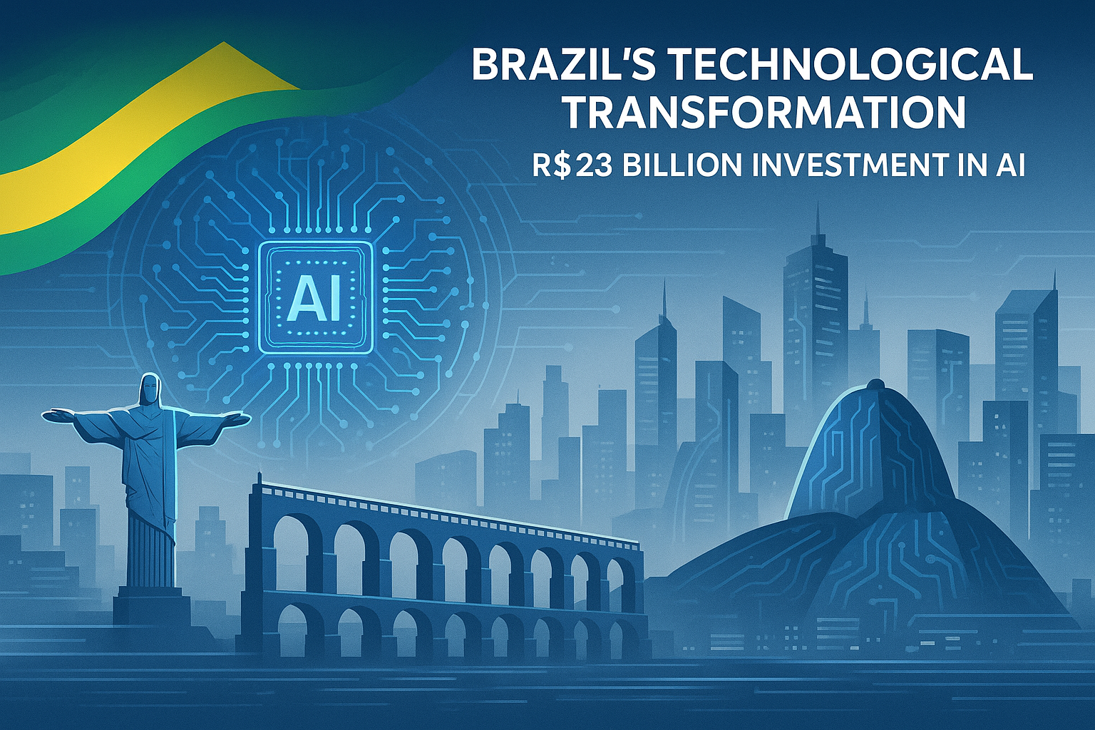 Transformação tecnológica do Brasil com investimento de R$ 23 bilhões em inteligência artificial, mostrando paisagem digital futurista com marcos brasileiros