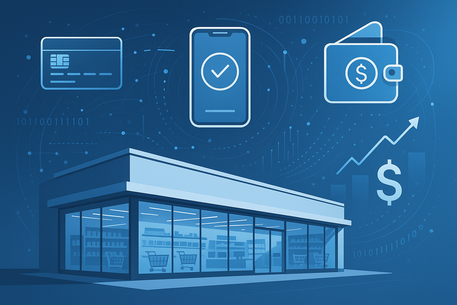 Supermercado moderno com ícones de pagamento digital, símbolos financeiros e elementos tecnológicos flutuando ao redor, representando a transformação fintech no varejo