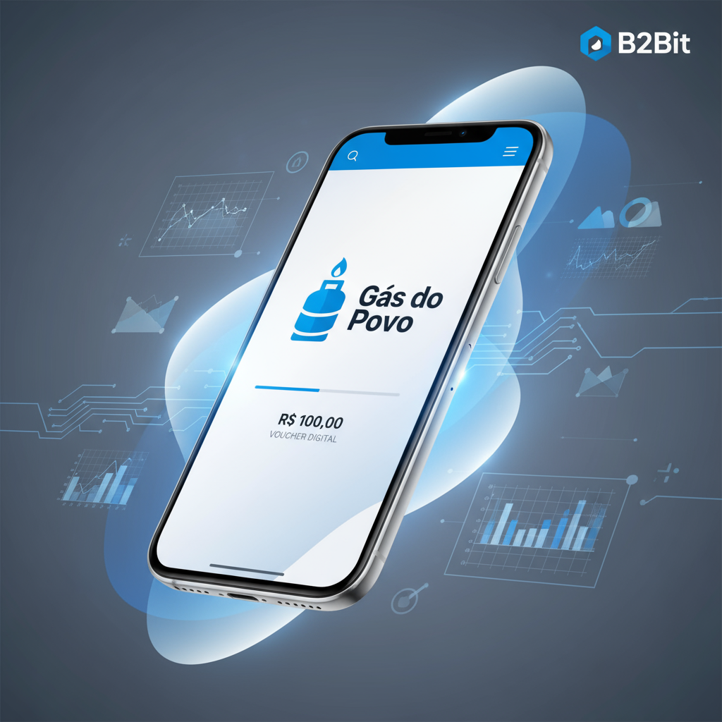 Interface digital do programa Gás do Povo em smartphone com voucher eletrônico e elementos tecnológicos da B2Bit