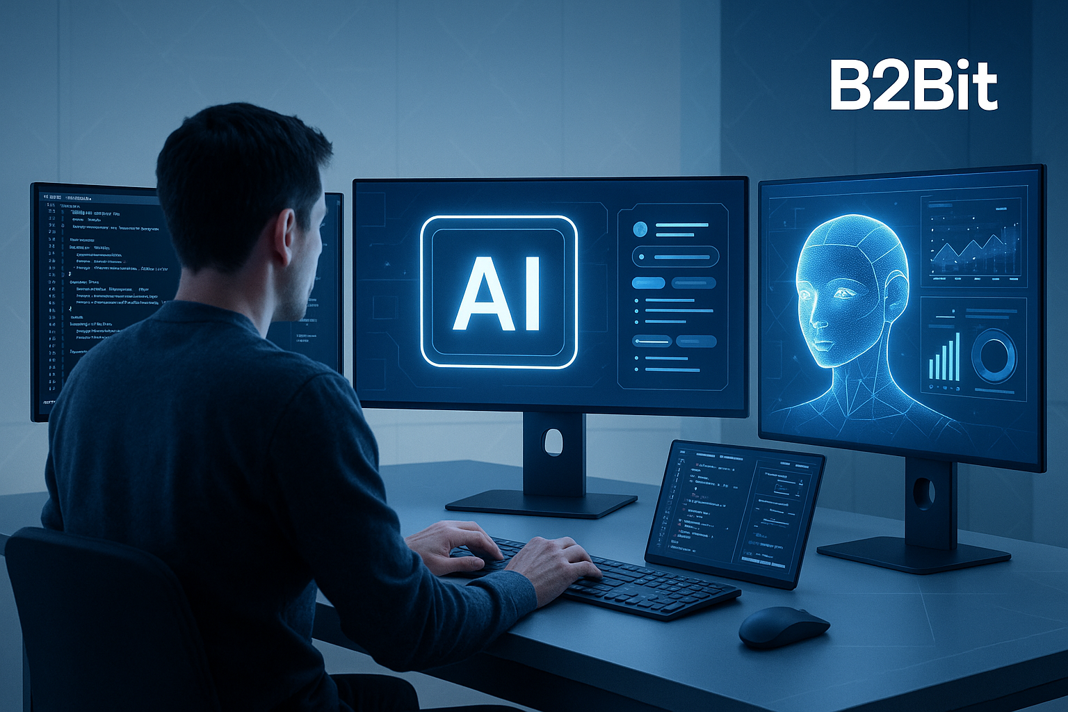 Desenvolvedor trabalhando com ferramentas de IA para programação em ambiente tecnológico moderno