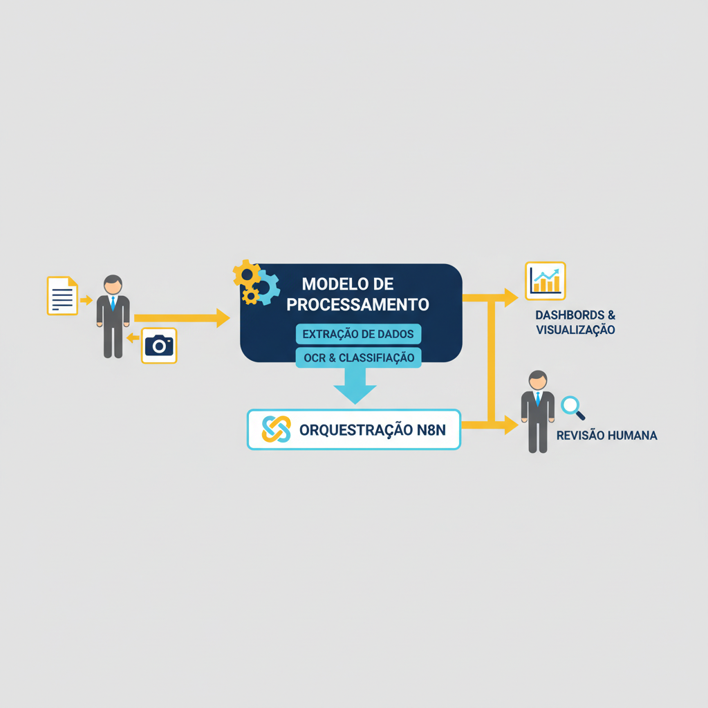 Diagrama do fluxo multimodal: envio de documentos, interpretação por modelo e orquestração com revisão humana